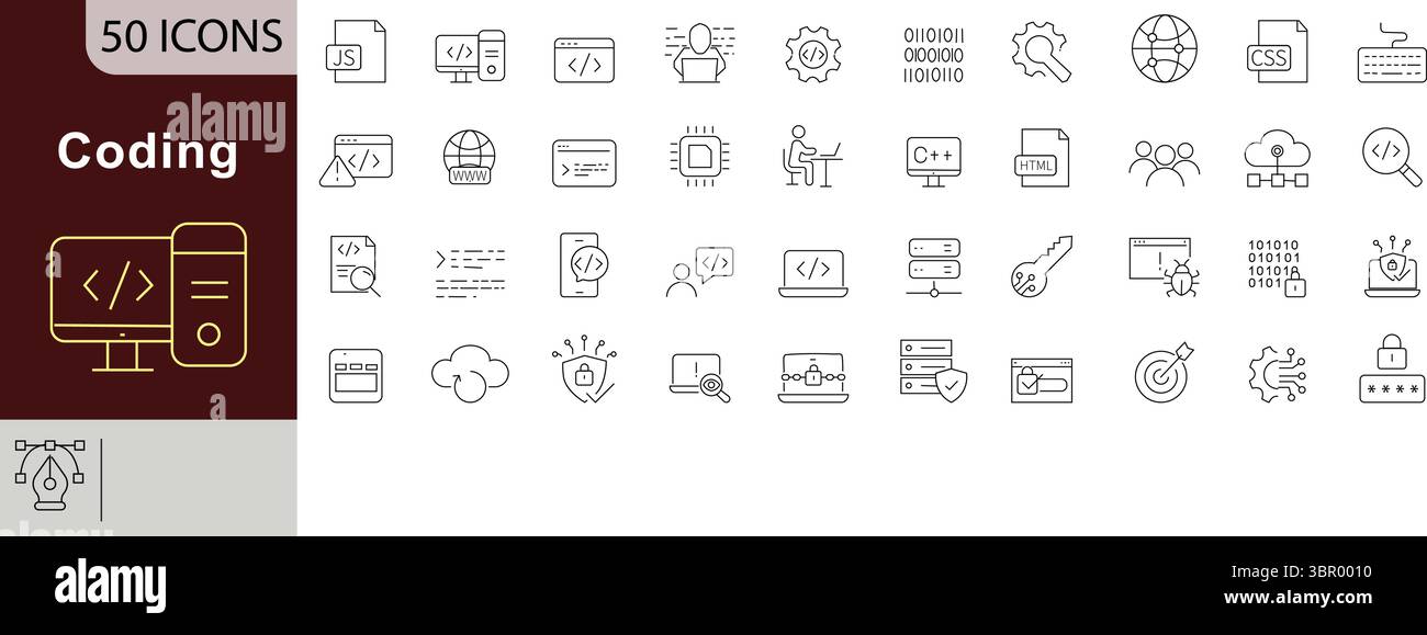 Programming Coding Editable Line Icons Set for Software Development and Developer Tools Stock Vector