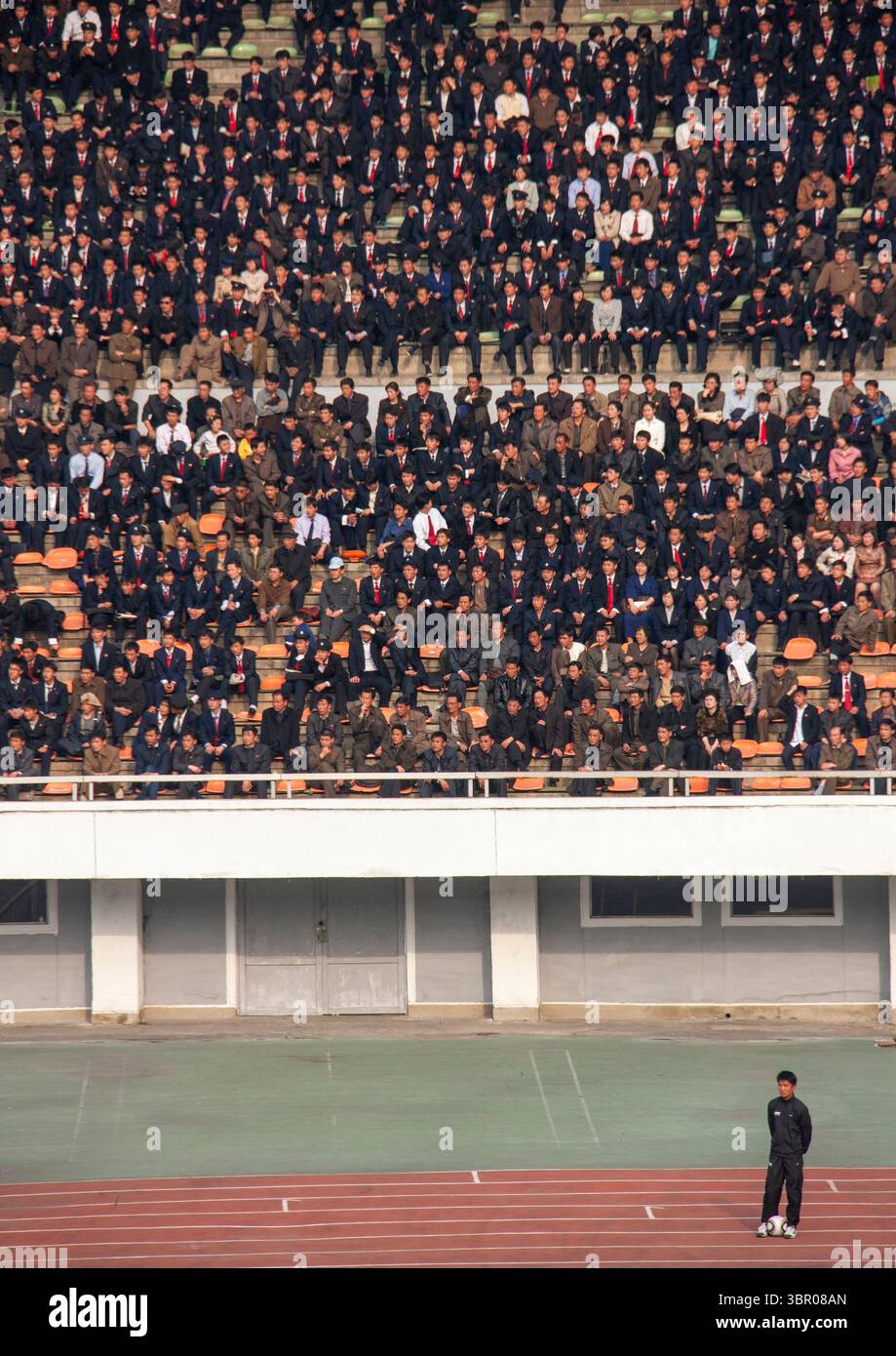 Pyongyang Football Crowd in the Kim il Sung stadium during a football game, DGC, Pyongyang ...