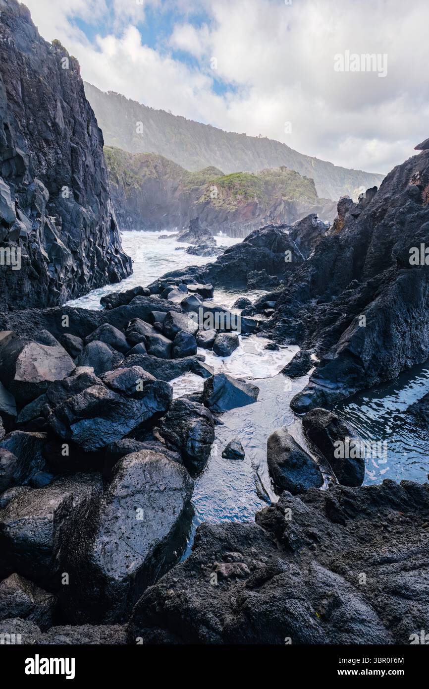 Natural Swimming Pool Between Volcanic Rocks With Ocean Waves, Dramatic ...