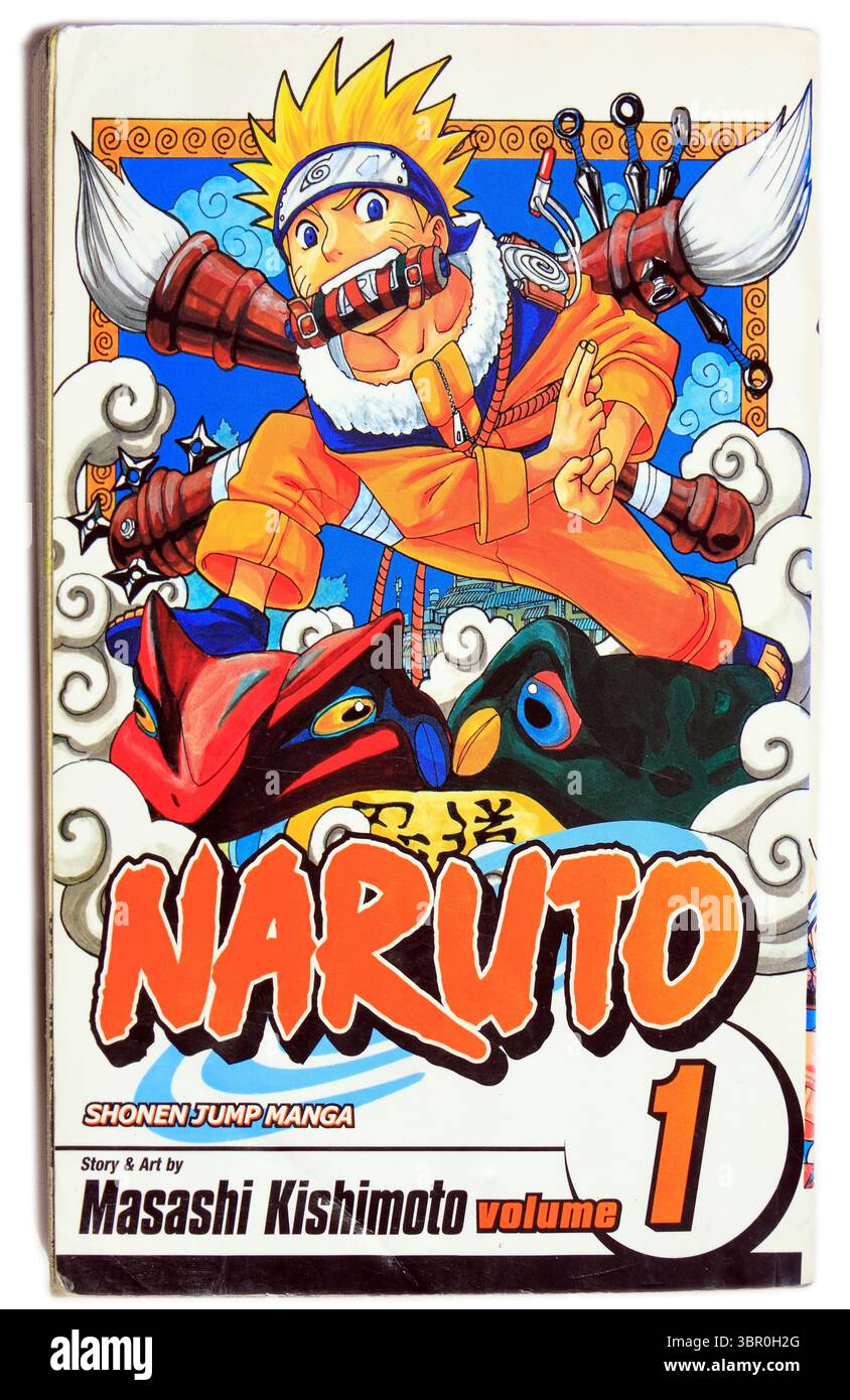 Photograph of Naruto volume 1 by Masashi Kishimoto. Studio set up. Used Manga book cover on white background Stock Photo