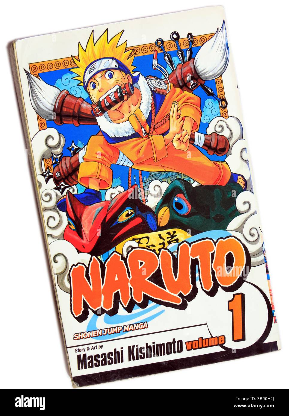 Photograph of Naruto volume 1 by Masashi Kishimoto. Studio set up. Used Manga book cover on white background Stock Photo