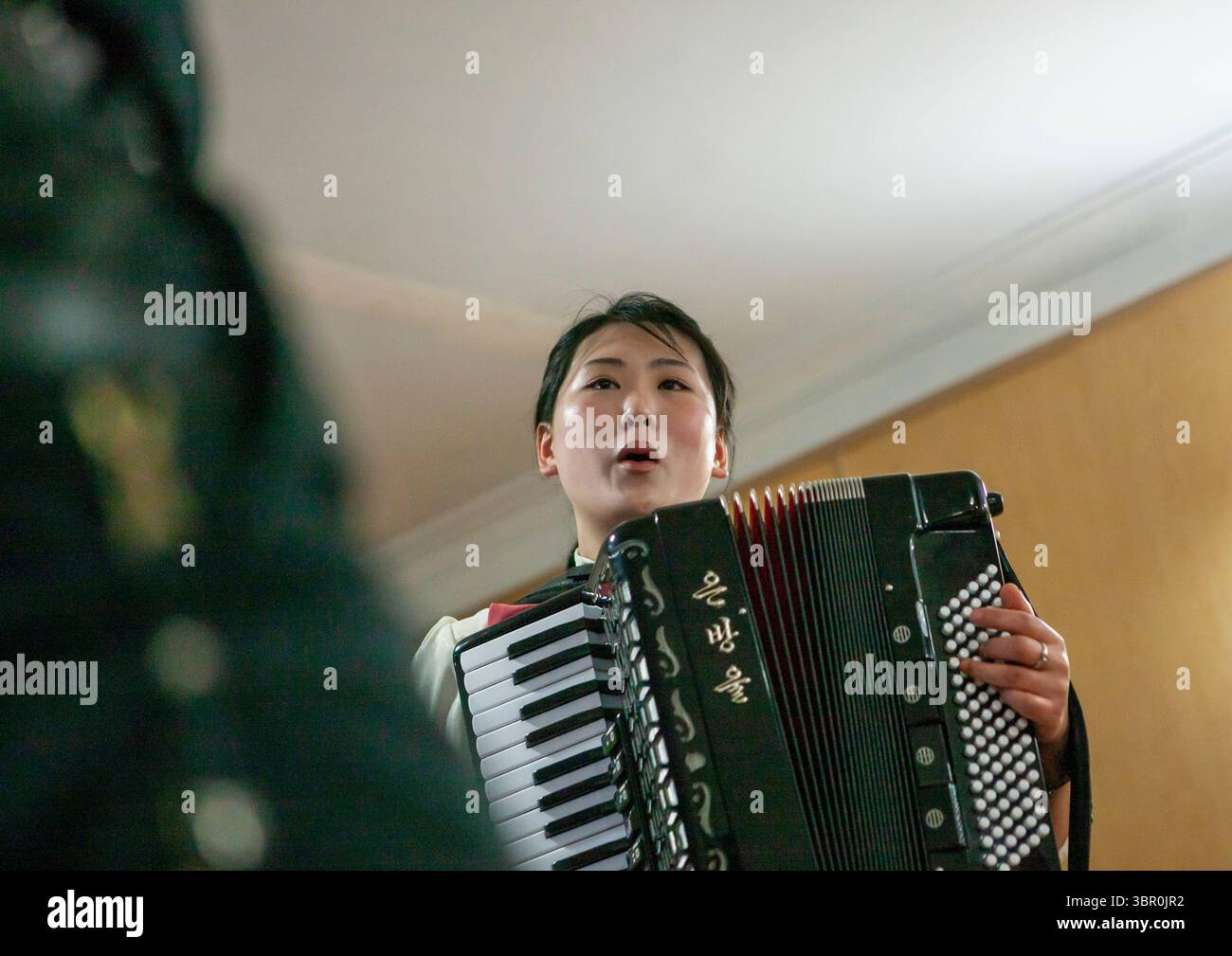 North Korean waitress in a restaurant playing accordion, DGC, Pyongyang ...