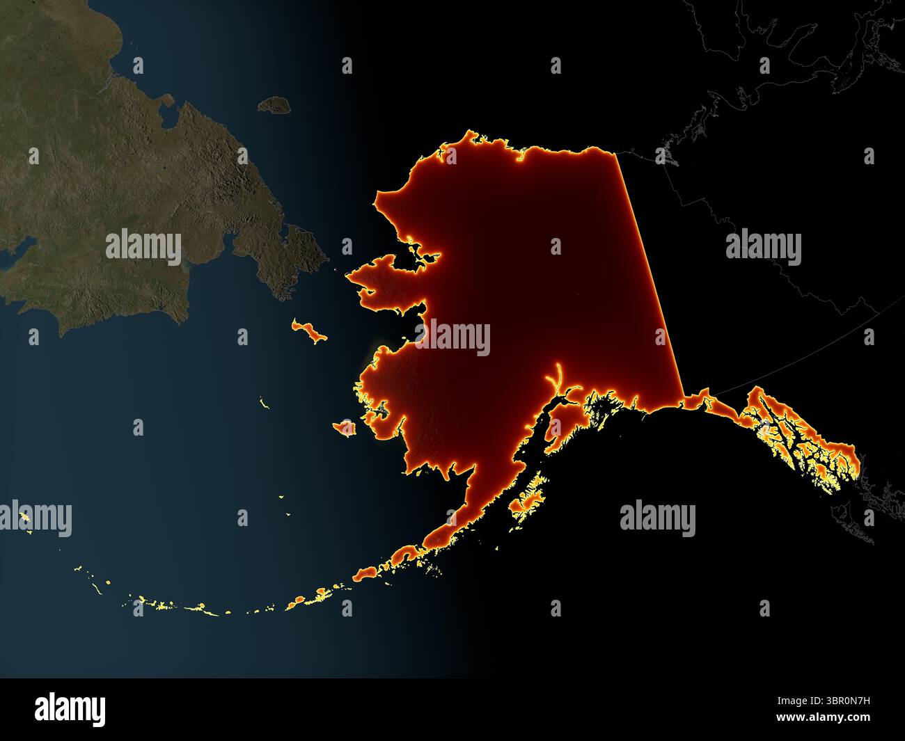 Detailed night map of Alaska with red state borders and glowing city ...