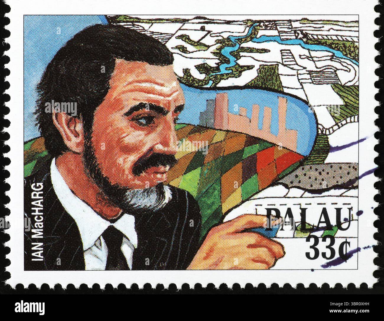 Scottish landscape architect Ian MacHarg on stamp of Palau Stock Photo