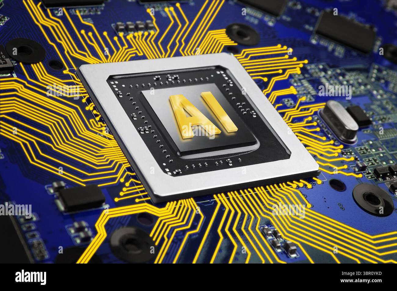 Electronic circuit board with AI processor, close up Stock Photo