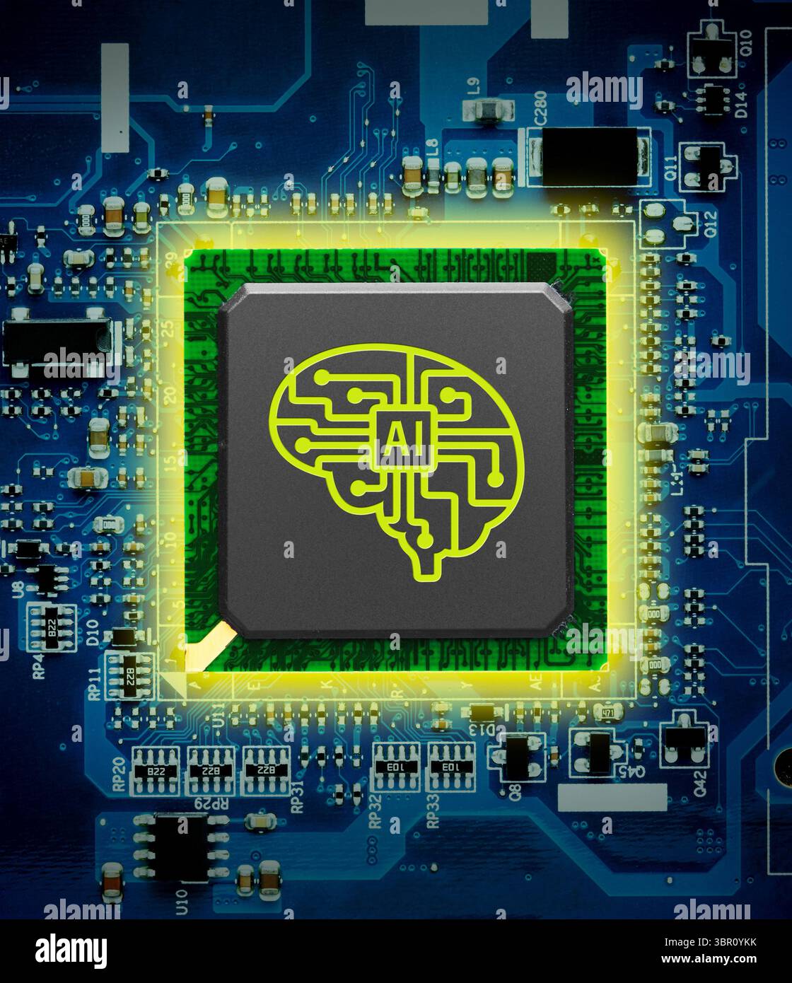 Electronic circuit board with AI processor, close up Stock Photo