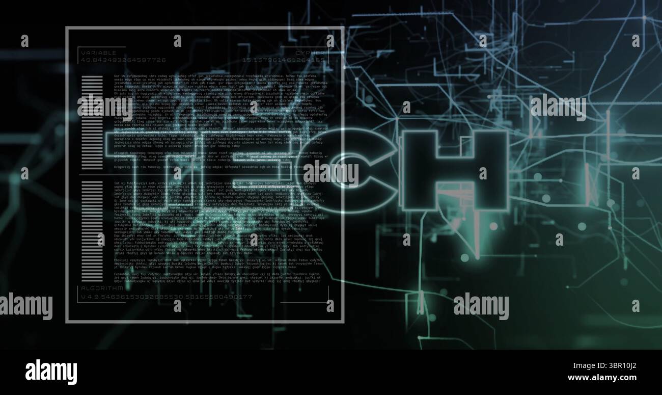 Displaying glowing TECH text floating in virtual interface, with neon circuit lines and code window. Futuristic, digital, technology, interface, cyber Stock Photo