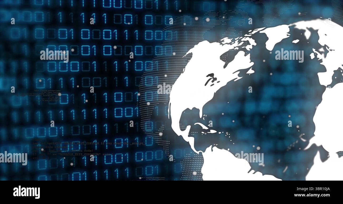 Displaying white stylized globe showing dot network over blue binary code in cyberspace, copy space. Technology, innovation, connectivity, cyberspace, Stock Photo