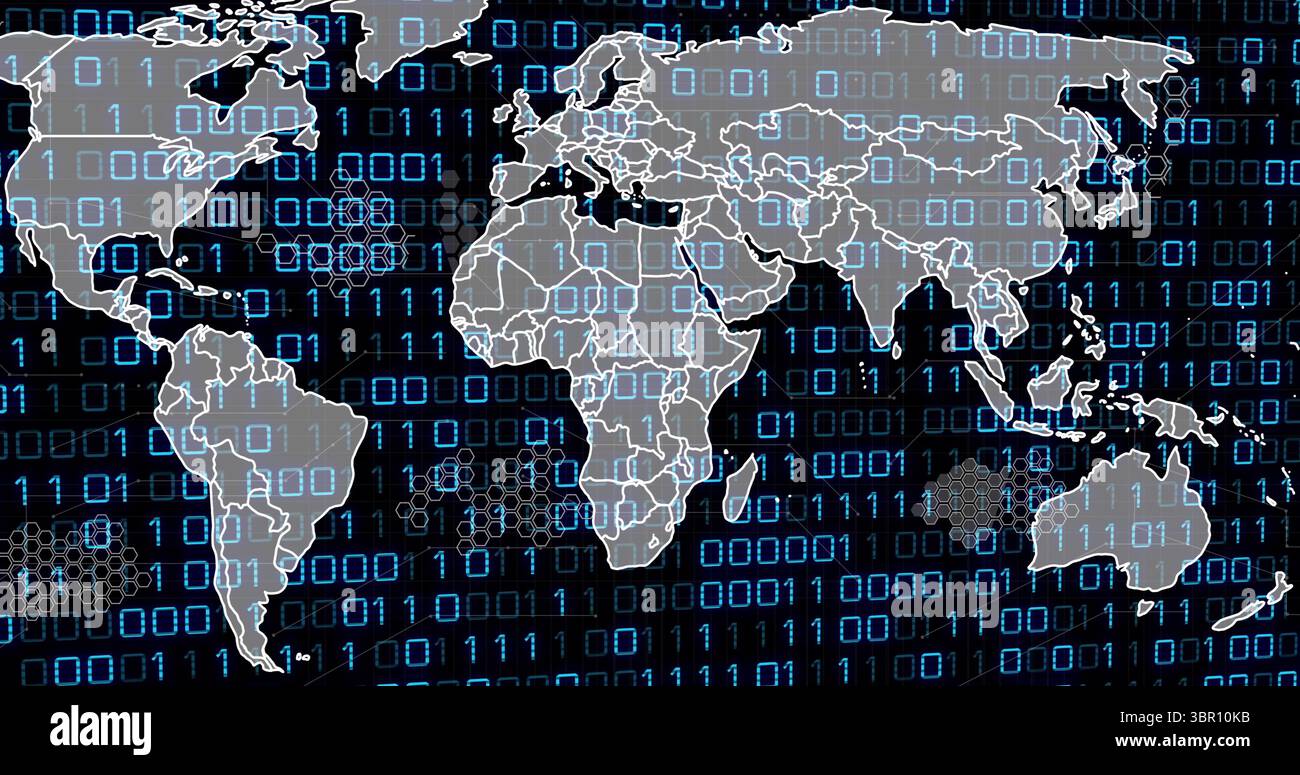 Displaying white-outlined world map spanning virtual dashboard, with binary streams and hex grids. Digital, futuristic, abstract, technology, network, Stock Photo