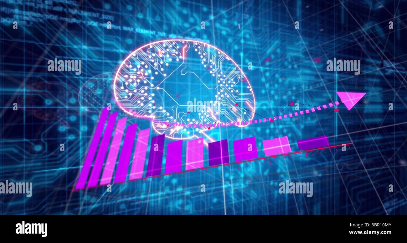 Moving circuit brain in data network, with ascending purple bar, magenta arrow, grid, data points. Technology, innovation, digital, futurism, analytic Stock Photo