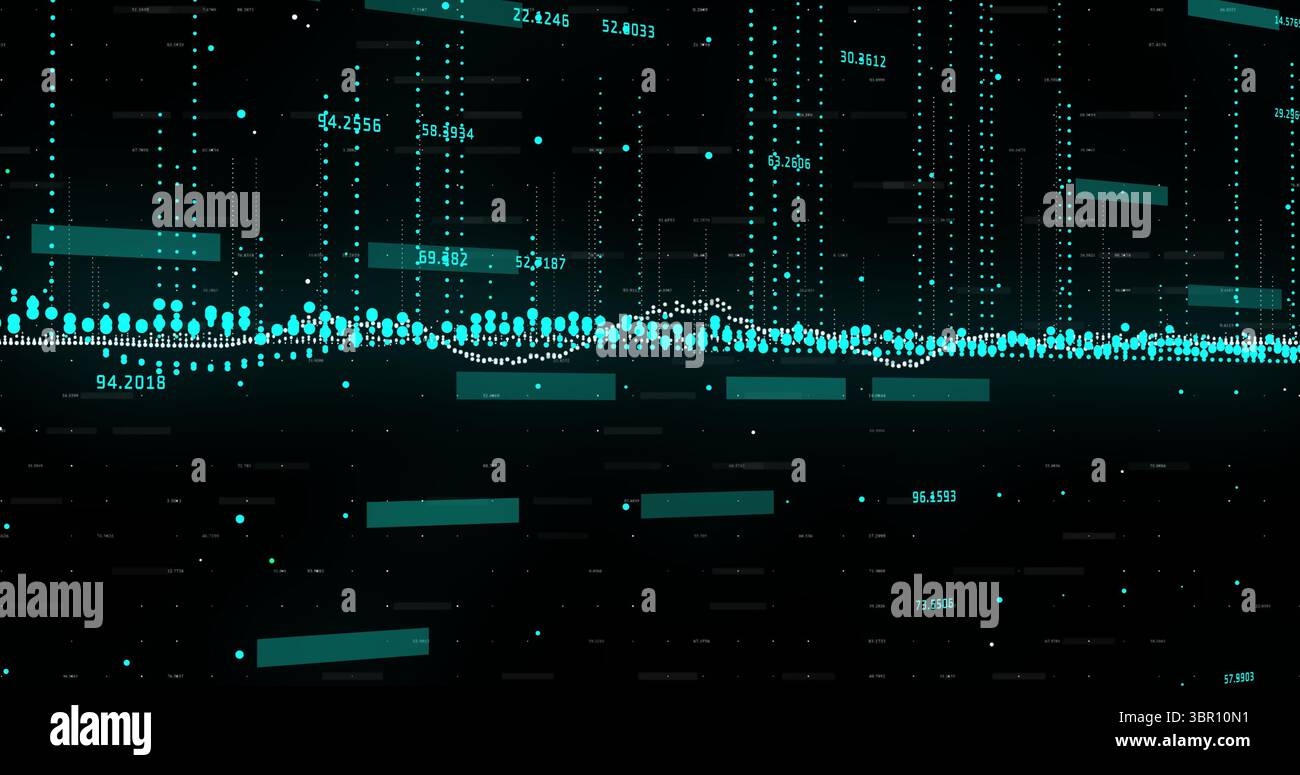 Displaying teal dot and bar series on digital dashboard, with numeric labels and grid lines. Data, visualization, analytics, dashboard, interface, tec Stock Photo