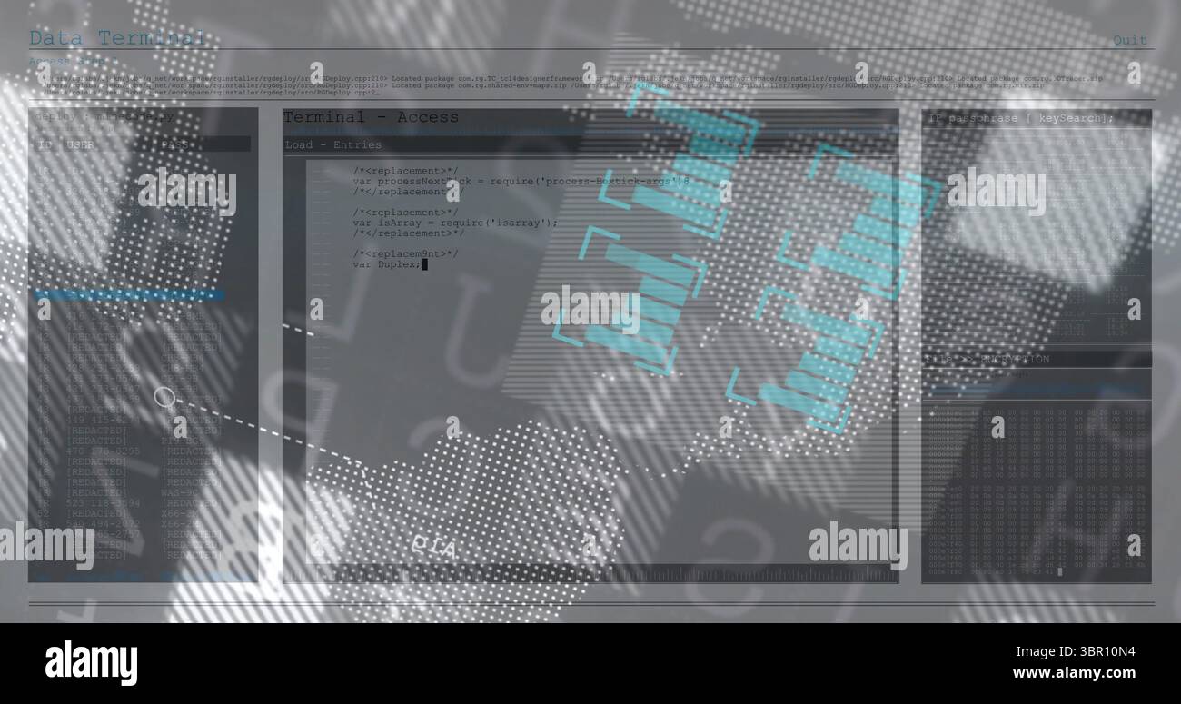 Displaying code terminal window overlaying numeric sequences on screen, with fingerprint graphic. Futuristic, digital, technology, cybersecurity, inte Stock Photo