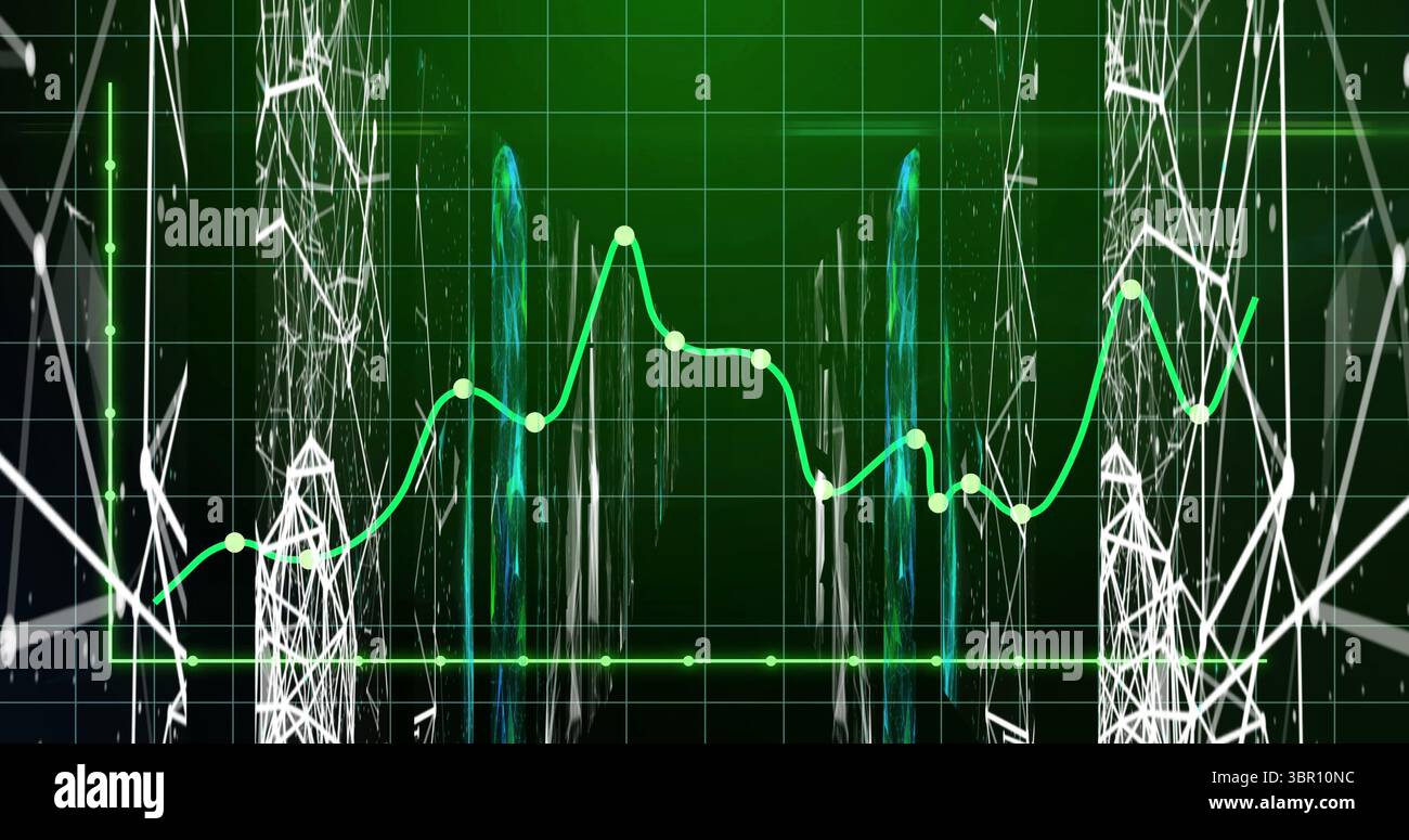 Green line graph fluctuating on dark grid, with circular data points and wireframe meshes. Futuristic, technology, digital, data visualization, networ Stock Photo