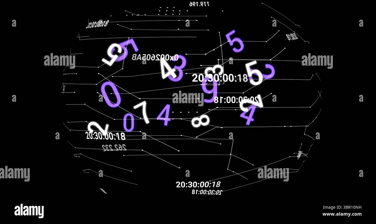 Rotating wireframe sphere showing floating white purple digits and ...