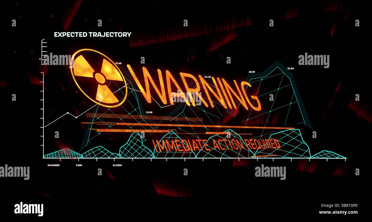 Displaying warning interface on control panel, showing radiation hazard icon and cyan line graph. Futuristic, alert, technology, visualization, data, Stock Photo