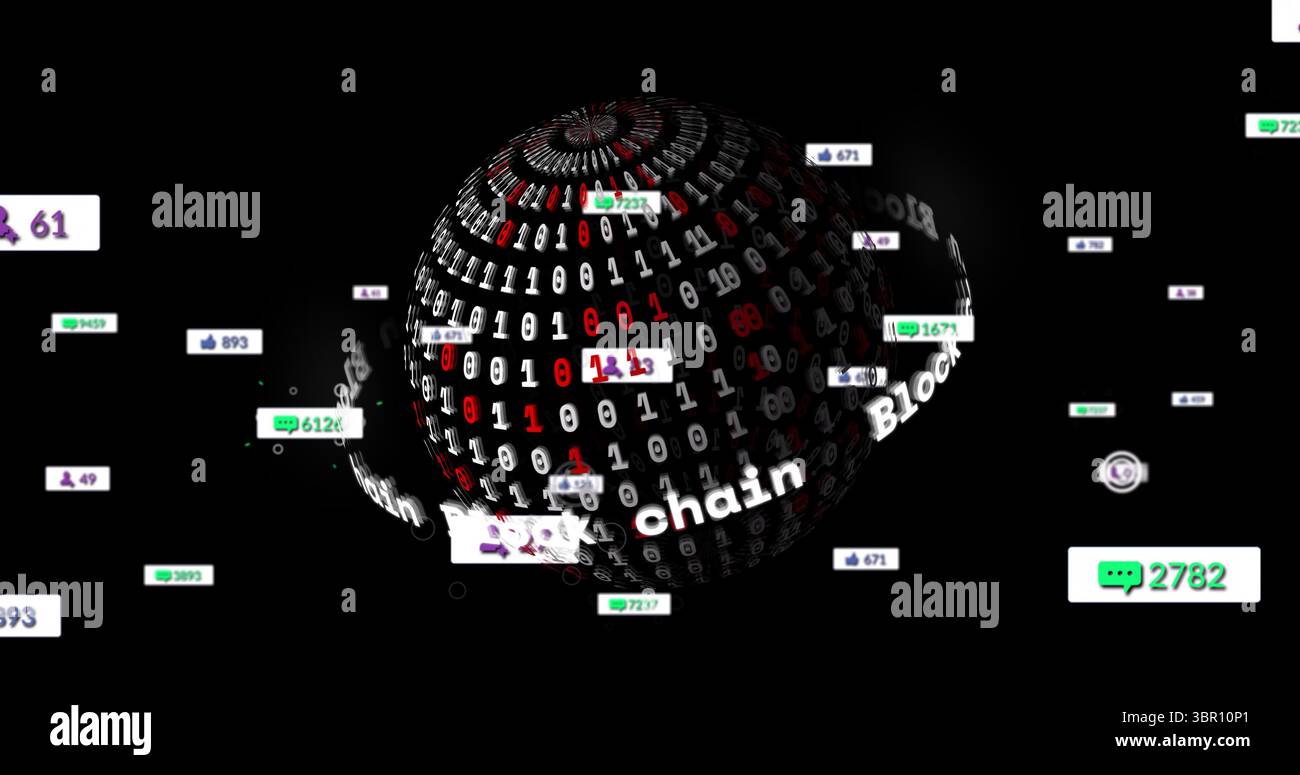 Rotating toroidal sphere showing red-white binary code and block chain in void and orbiting icons. Digital, futuristic, abstract, technology, network, Stock Photo