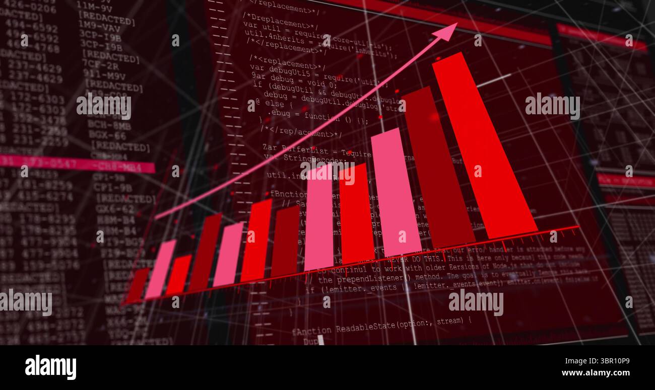 Displaying three-dimensional red and pink bars rising on wireframe grid ...
