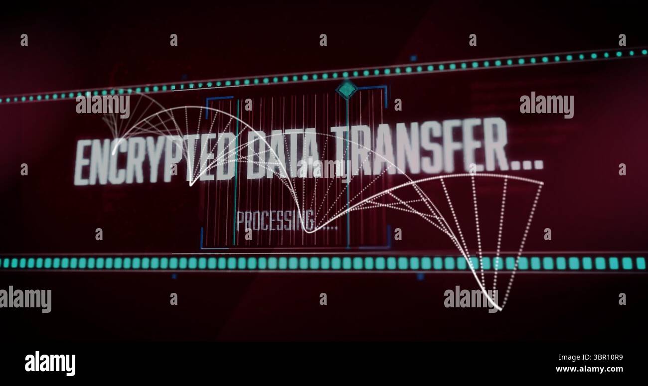 Digital interface display showing encrypted data transfer in dark red environment, with data nodes. Technology, cybersecurity, data, network, security Stock Photo