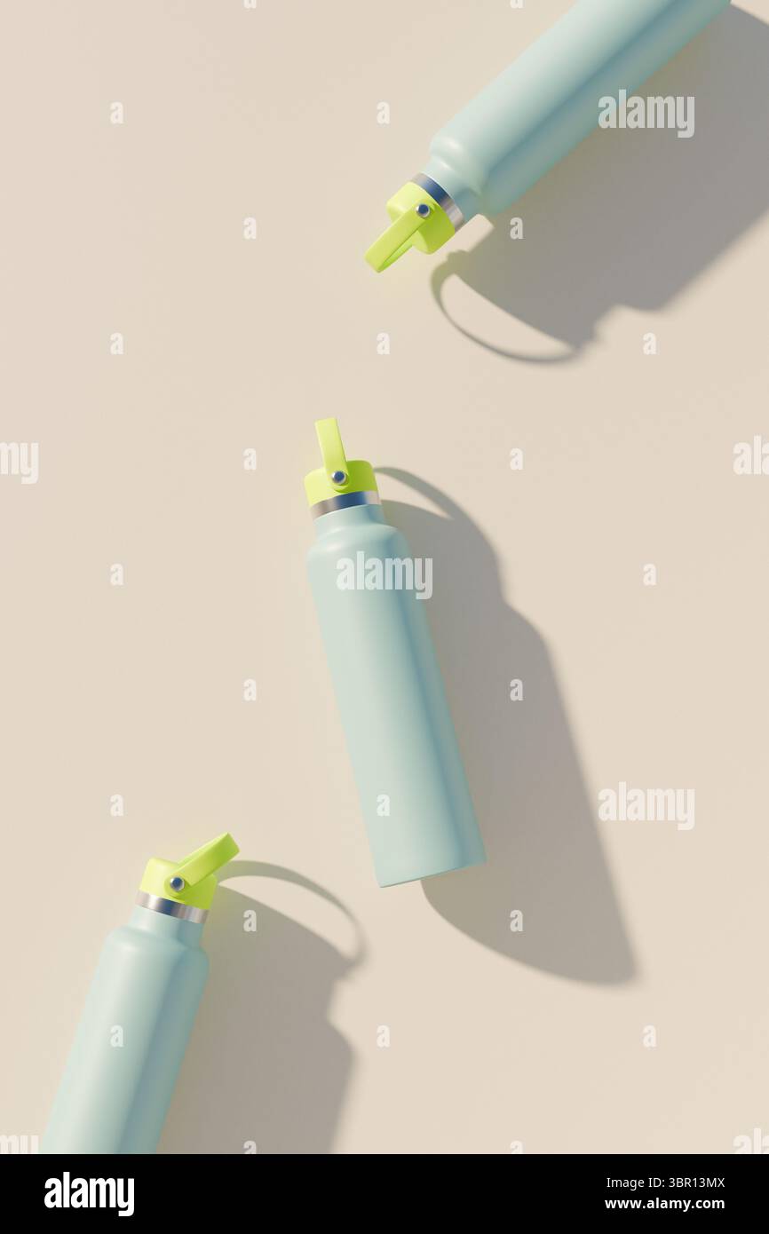 Three blue water bottles on a beige background. 3d rendering Stock Photo