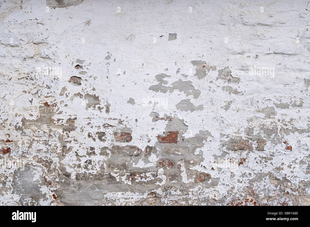 weathered brick wall with crumbling white plaster for background use Stock Photo