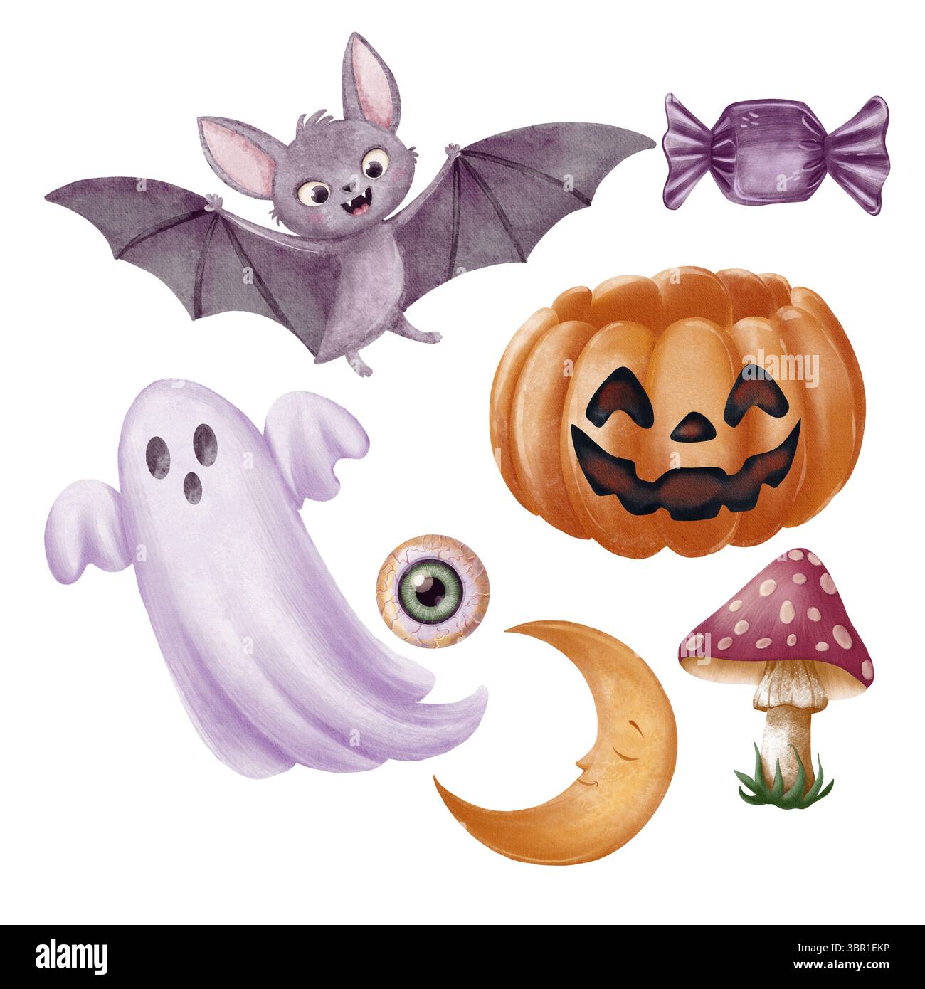 Set of illustrations of a bat, ghost, pumpkin with a carved face, eyeball, candy, moon and mushroom Stock Photo