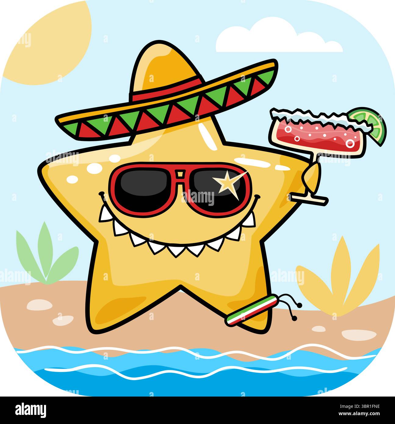 Strawberry margarita star party on a beach flat vector illustration Stock Vector