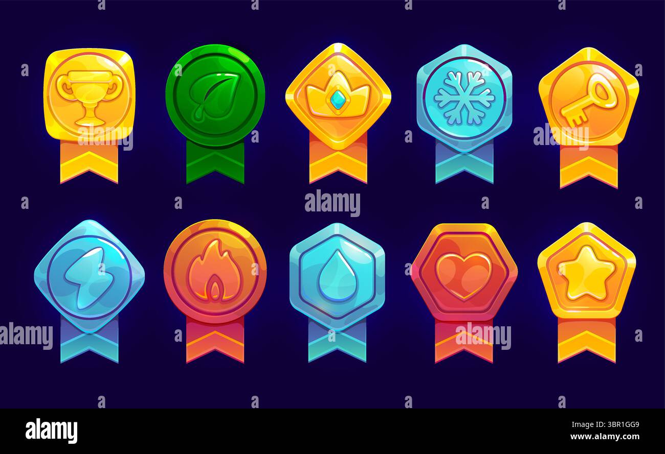 Game rank badges shields pack asset, level achievement medals vector ...