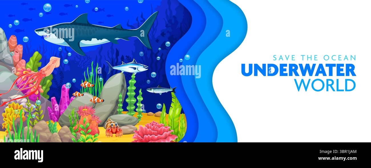 Paper cut save the ocean banner with shark, fish shoal and underwater ...