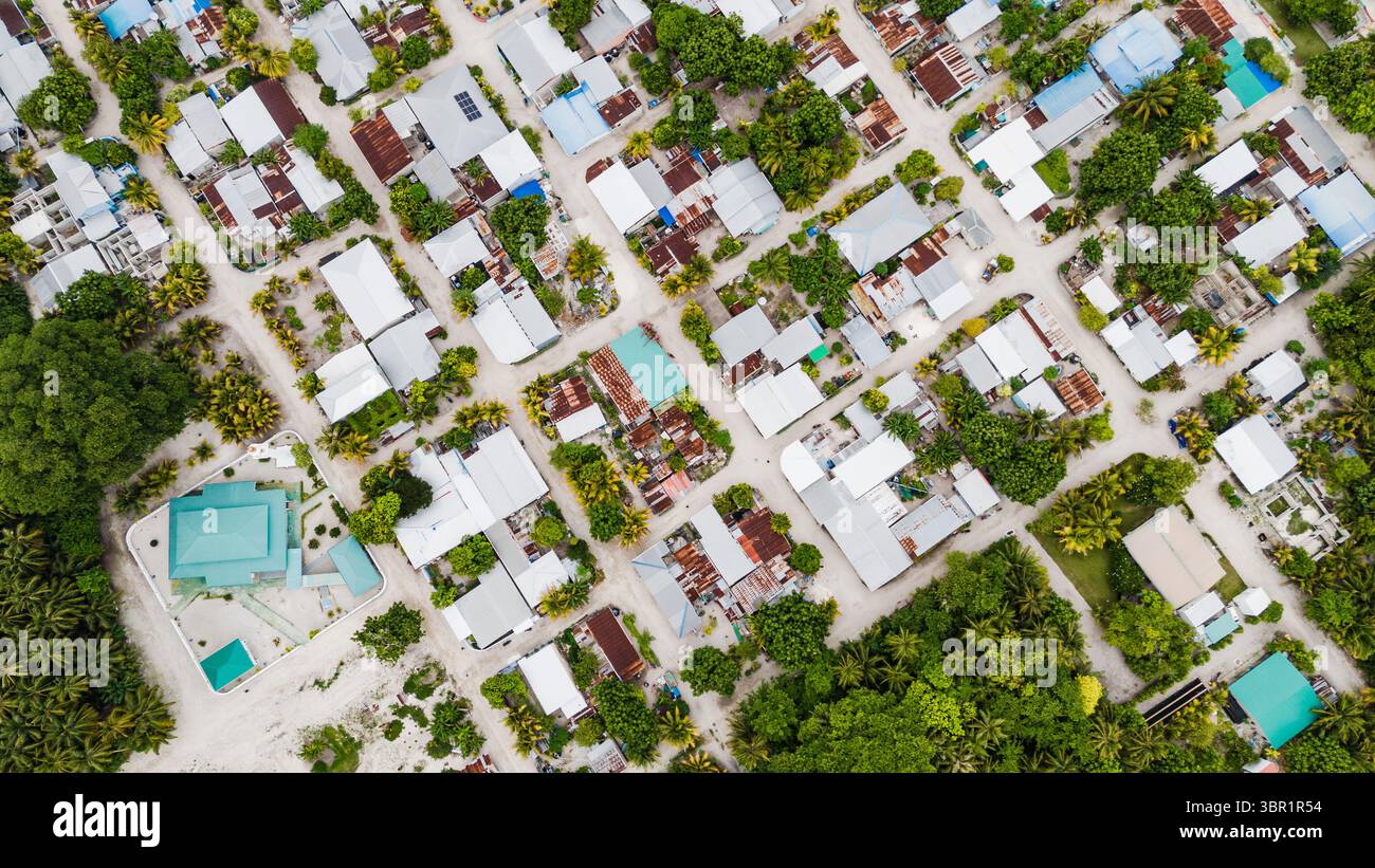 Aerial view of homes nestled among the lush greenery and sandy paths in ...