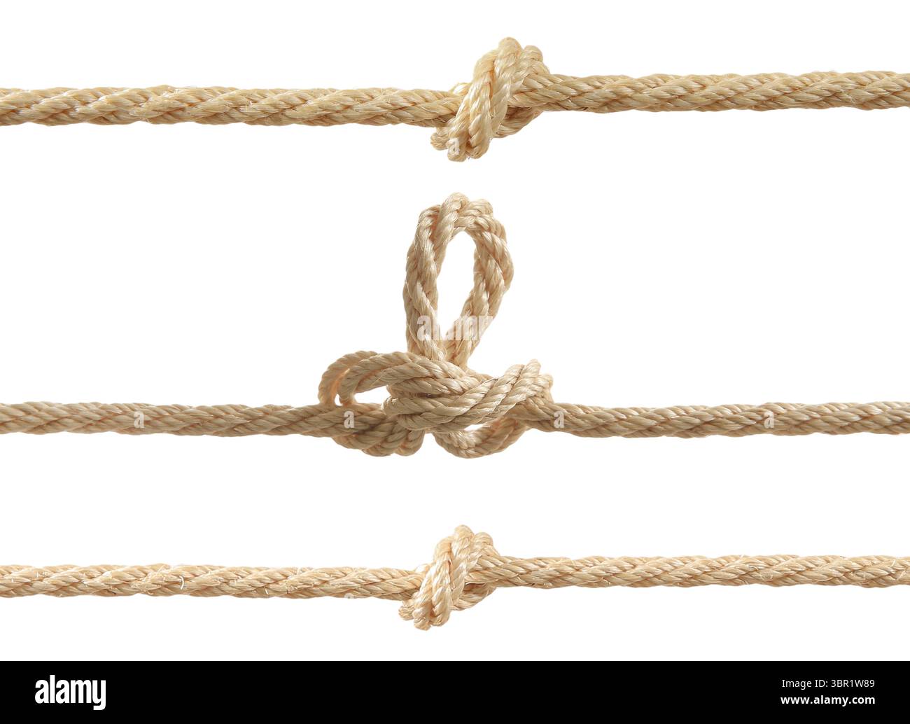 Three Rope Knot Ropes with different knots isolated on white, set Stock Photo - Alamy