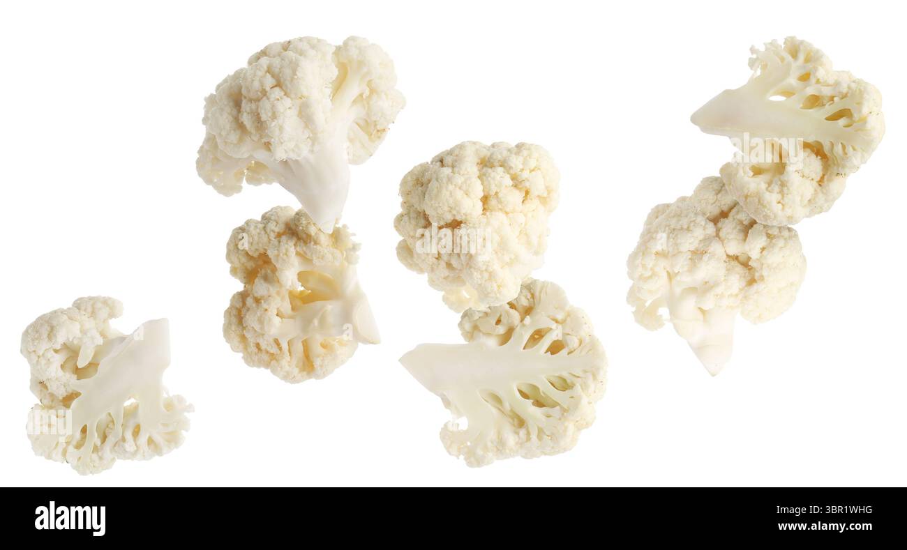 Fresh cauliflower florets falling on white background Stock Photo