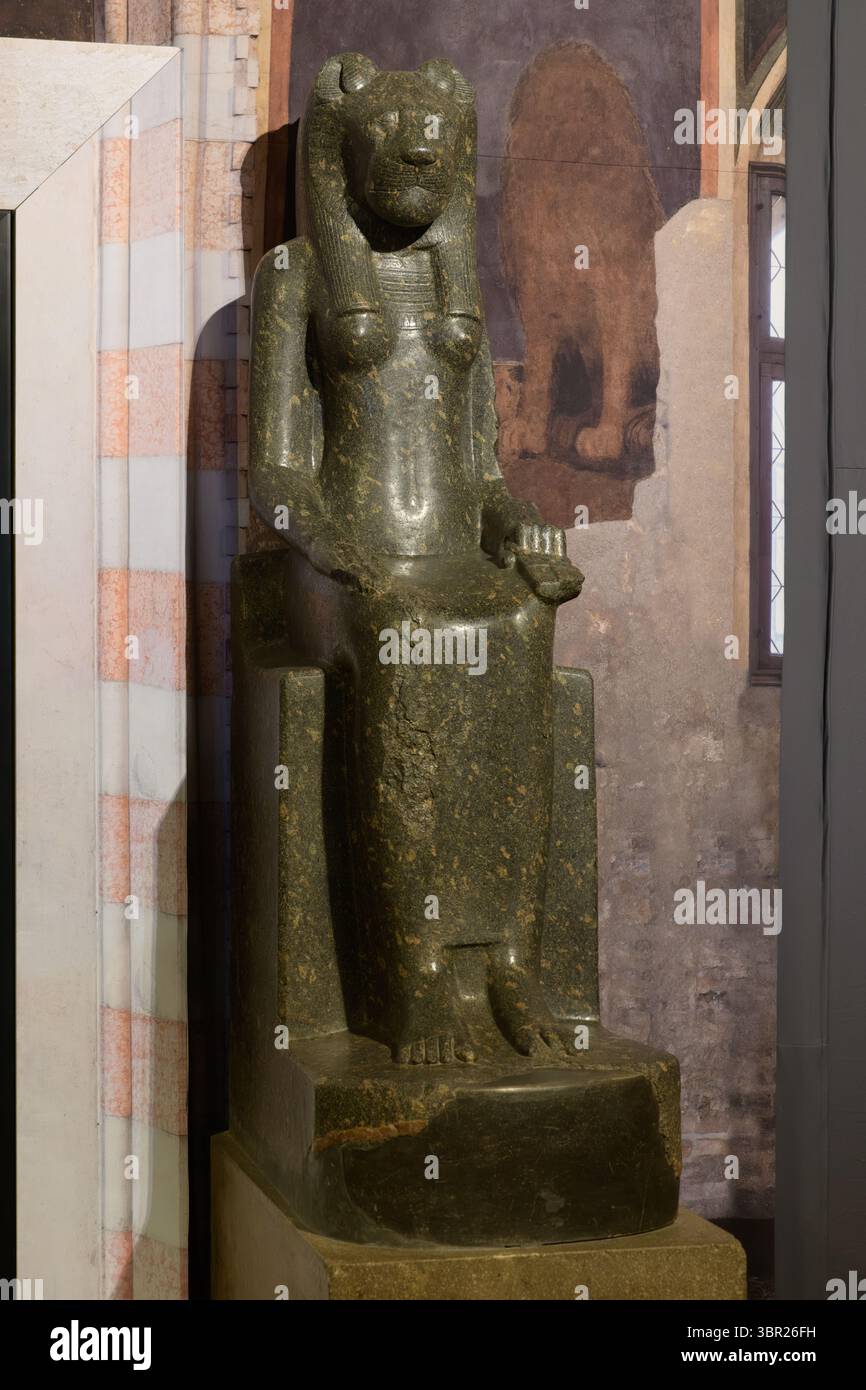 A seated stone statue of Sekhmet, the lioness-headed goddess from ...