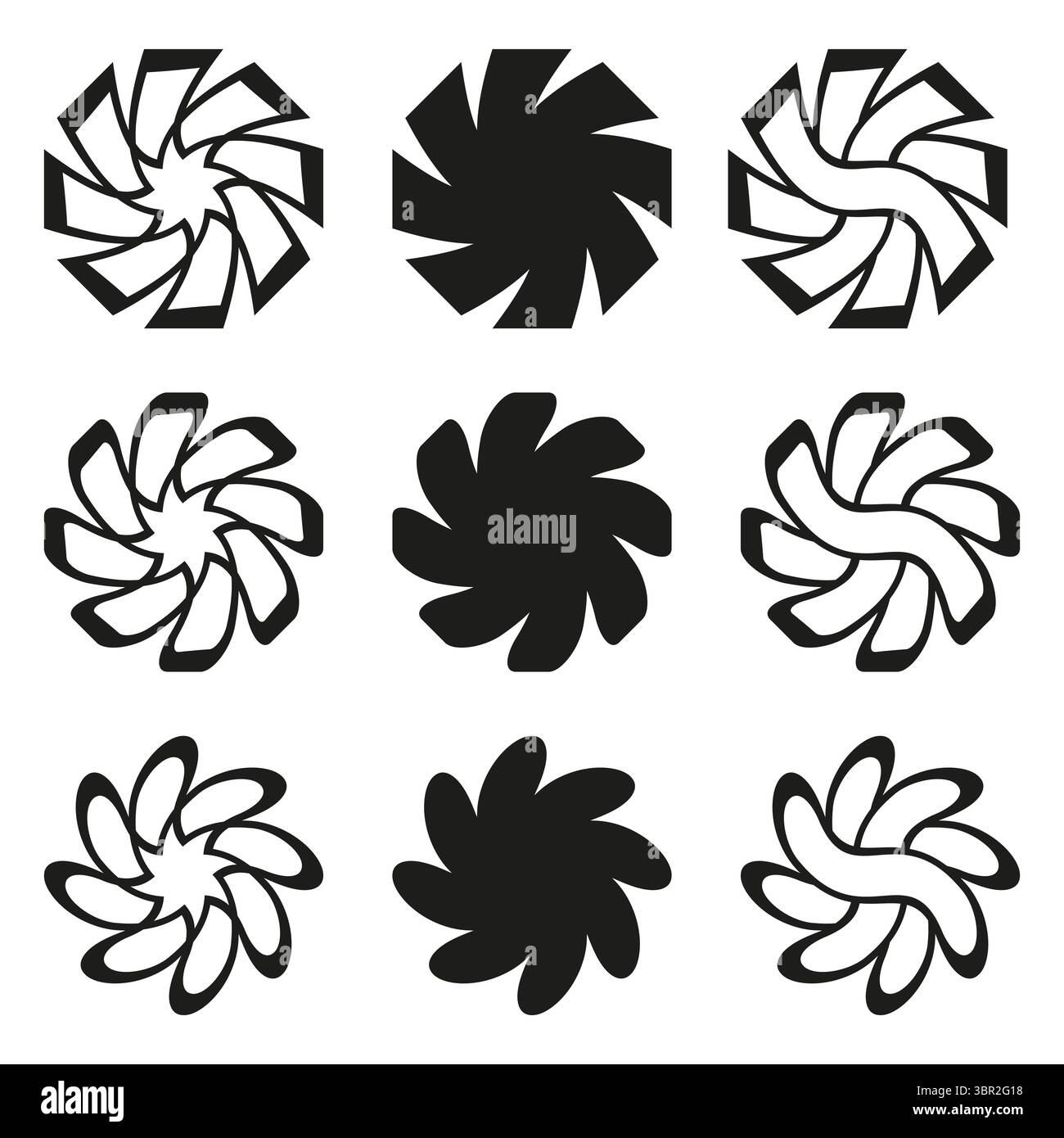 Pinwheel swirl icon. Petal rotation shapes. Black white contrast ...
