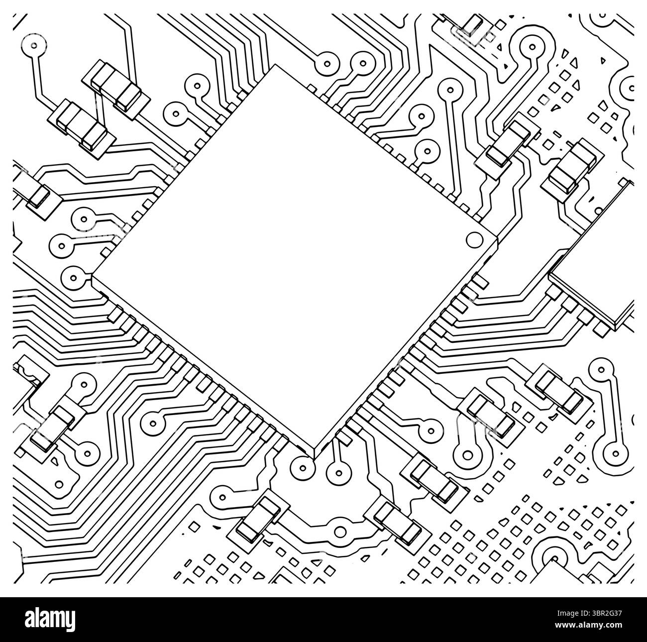 Circuit board with chip drawing close up stylized vector illustration ...