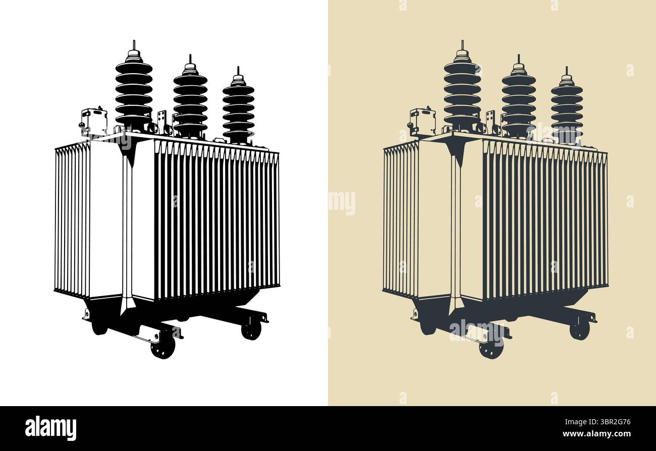 Power three-phase transformer stylized vector illustrations Stock Vector