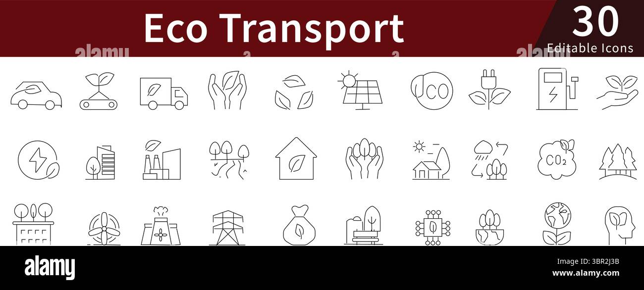 Eco Transport Editable Line Icons Set for Green Mobility, Sustainable Travel, and Clean Transportation Concepts Stock Vector