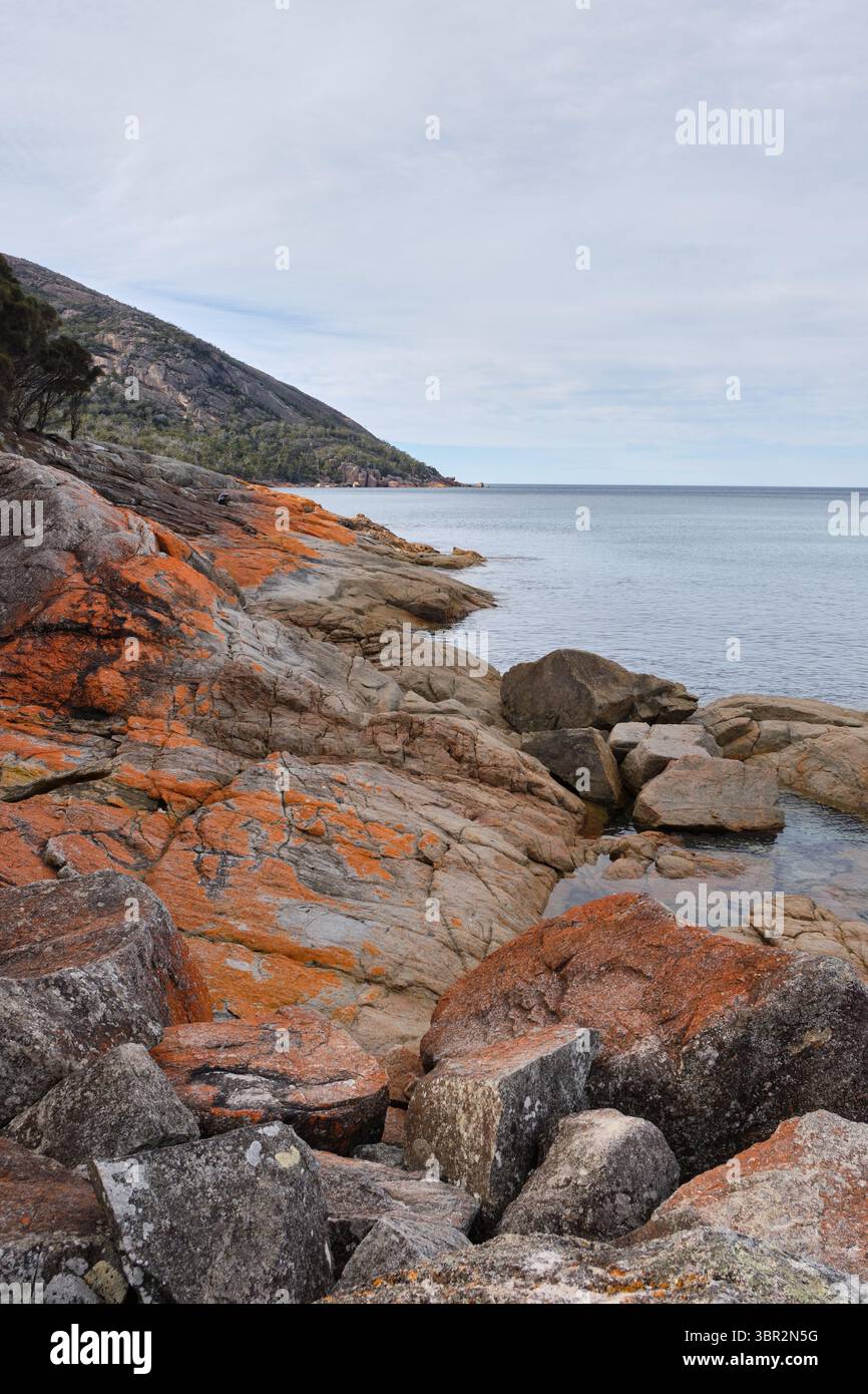 Red-orange lichen covered rocks at Wineglass Bay - Freycinet Peninsula, Tasmania, Australia Stock Photo