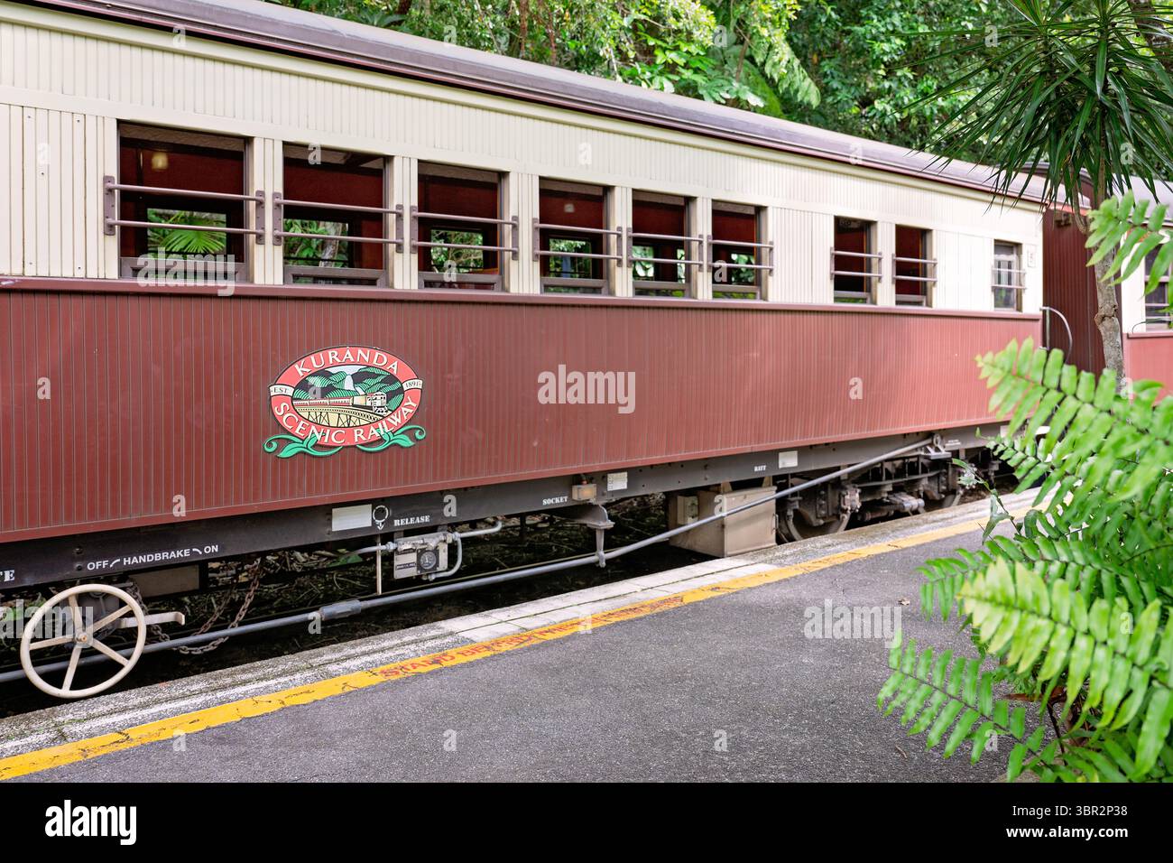 Kuranda, Queensland, Australia - July 4 2025: Kuranda scenic railway train carriage engine, popular tourist attraction rail journey Stock Photo
