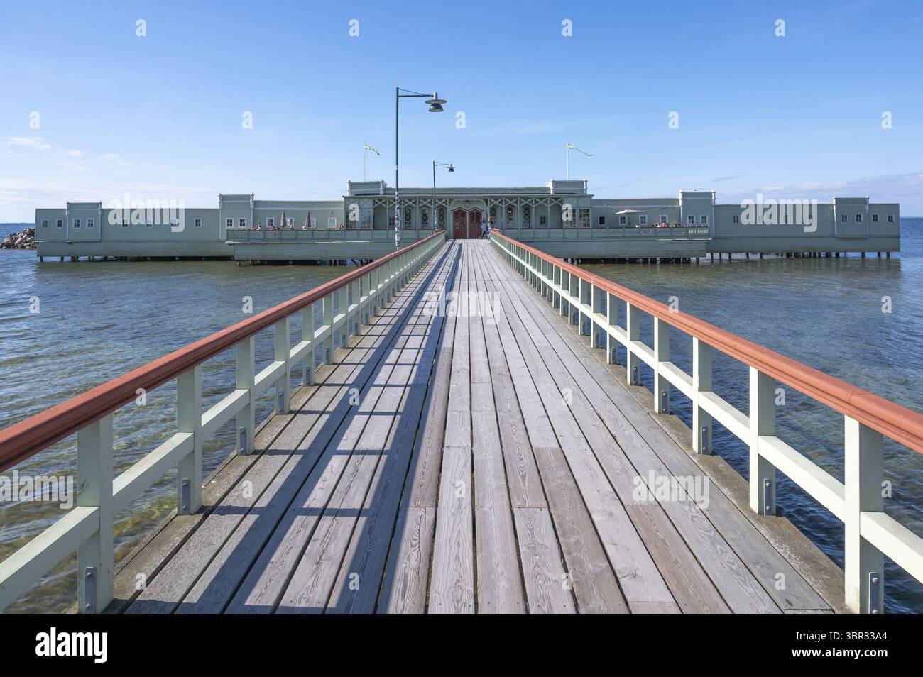 Riberborg Long wooden footbridge with lights leads from the sandy Ribersborg ...