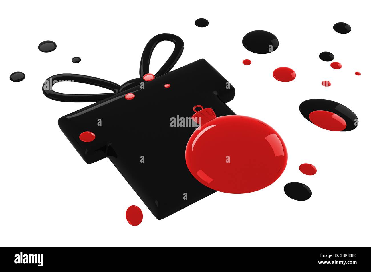 Glossy black box featuring ribbon loops is gleaming on white backdrop with black and red droplets Stock Photo