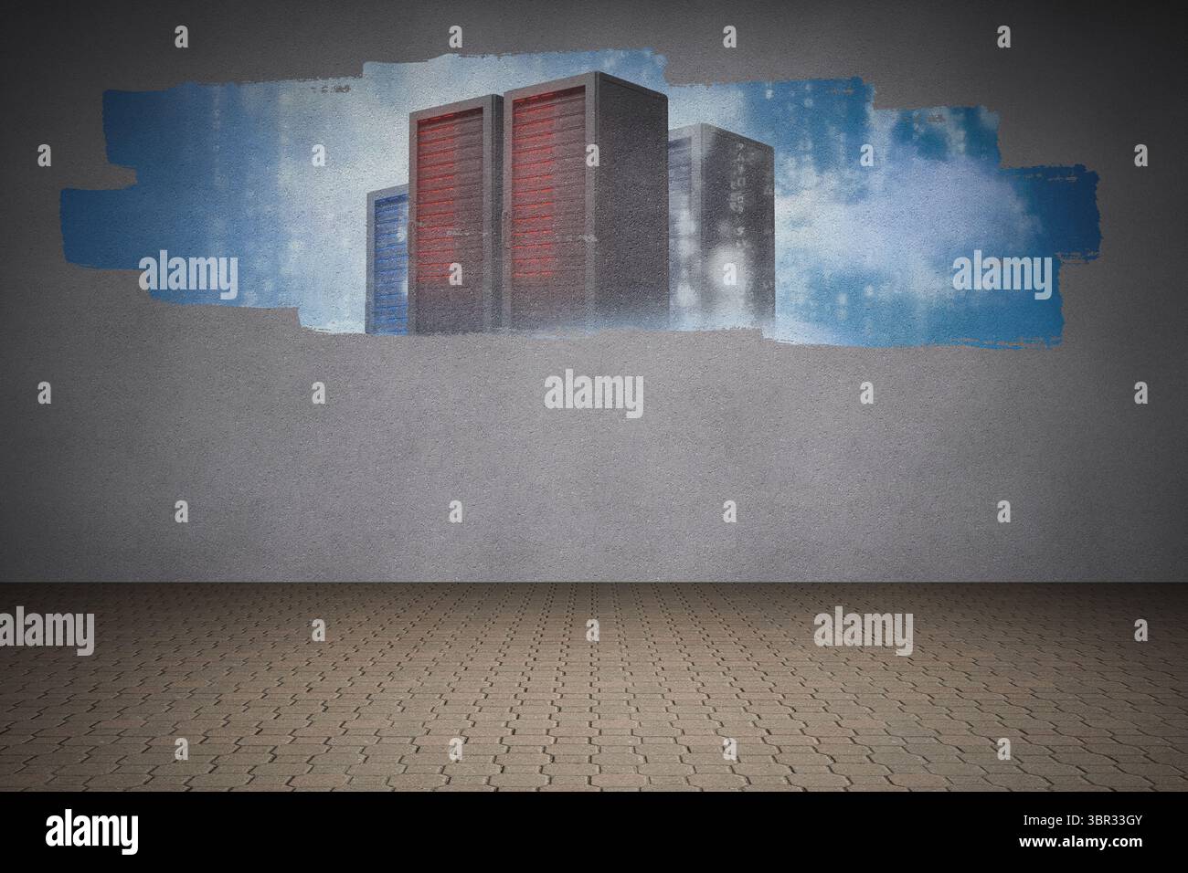 Display on wall showing server towers Stock Photo