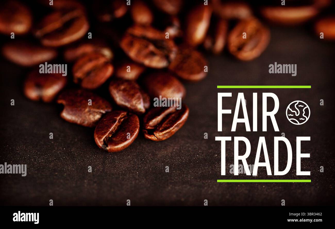 Coffee beans are being shown in 3D render, highlighting FAIR TRADE text and globe icon Stock Photo