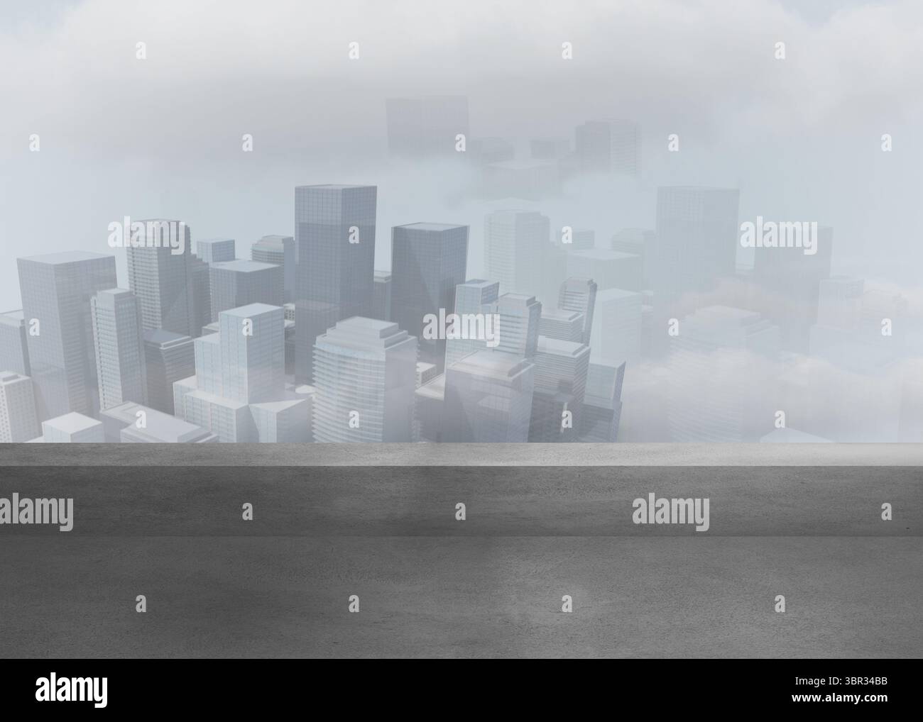 Concrete rooftop platform is showing dense fog shrouding skyscraper ...