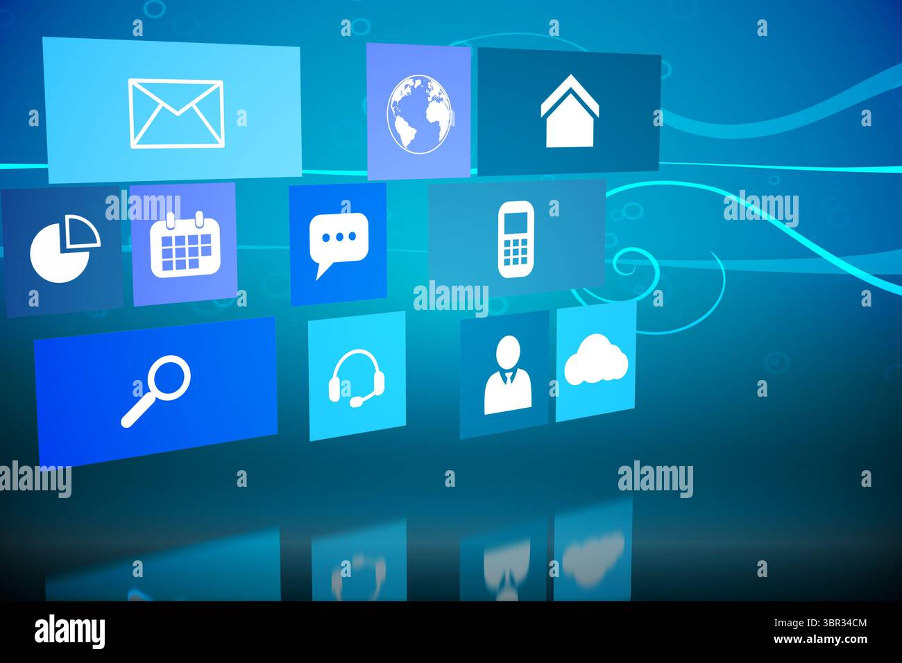 Grid of floating digital interface tiles is hovering over glowing teal gradient with function icons Stock Photo