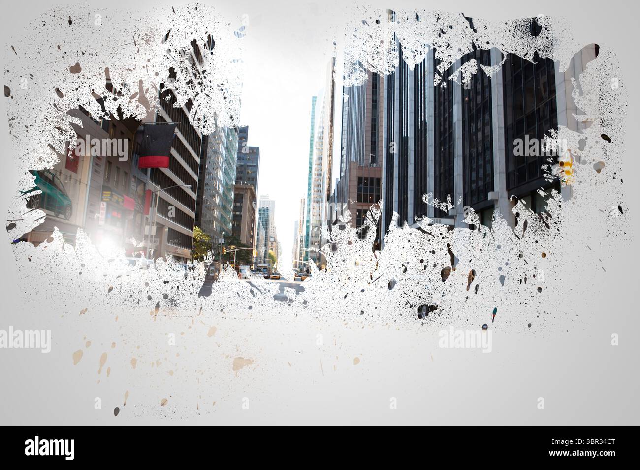 Splash on wall revealing cityscape Stock Photo
