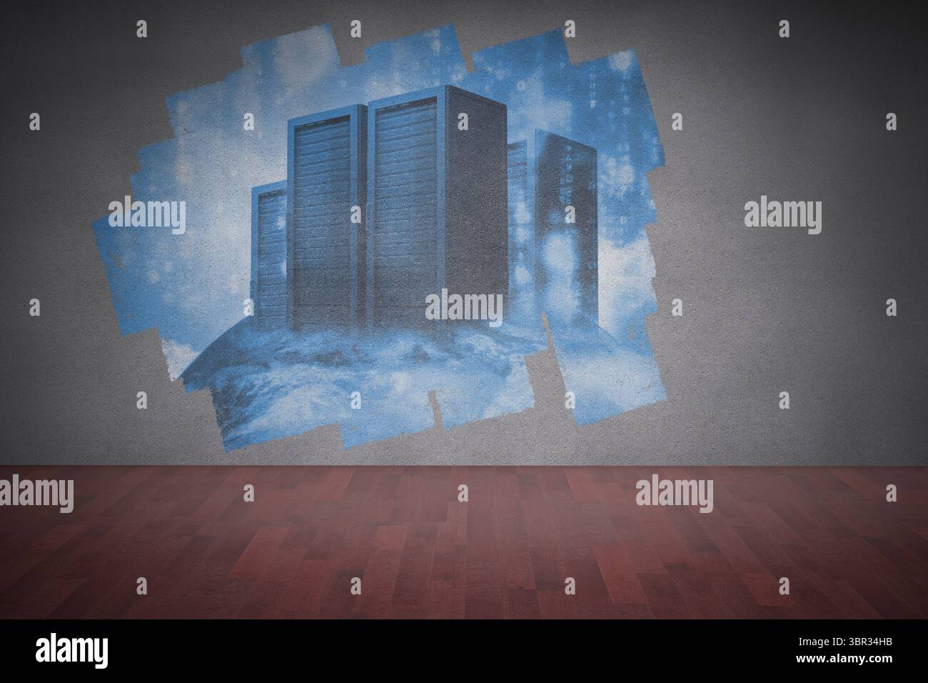 Display on wall showing server towers Stock Photo