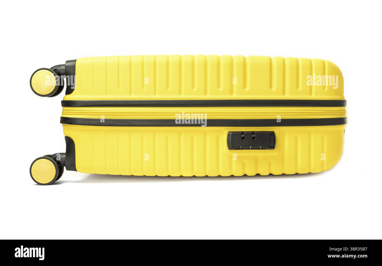 Yellow plastic suitcase isolated on white background Stock Photo