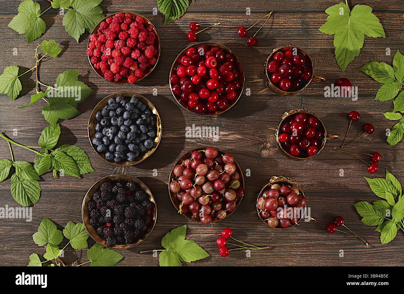 Sommer frische Beeren, Kirschen, Brombeeren, Stachelbeeren, Heidelbeeren und Himbeeren auf einem hoelzernen Hintergrund mit Blaettern, Banner fuer Ges Stock Photo