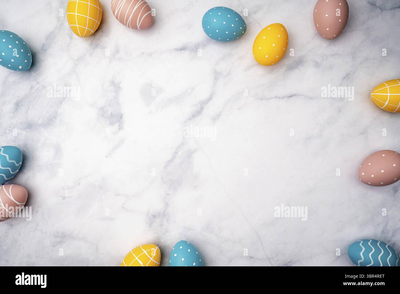 Happy Easter background with easter eggs. Easter background with copy space. Flat lay. with marble background Stock Photo