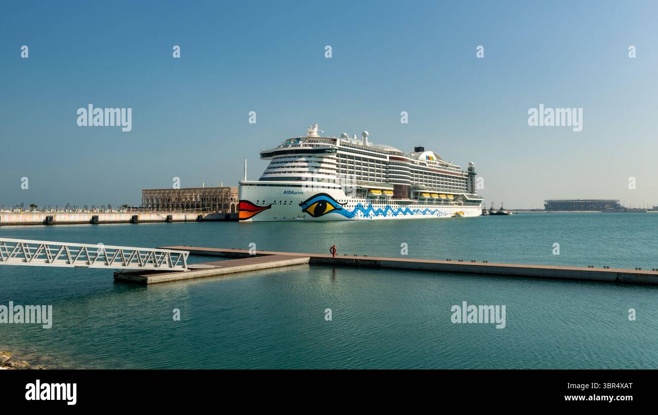 Doha, Qatar - February 3, 2025: A modern cruise ship berthed at the